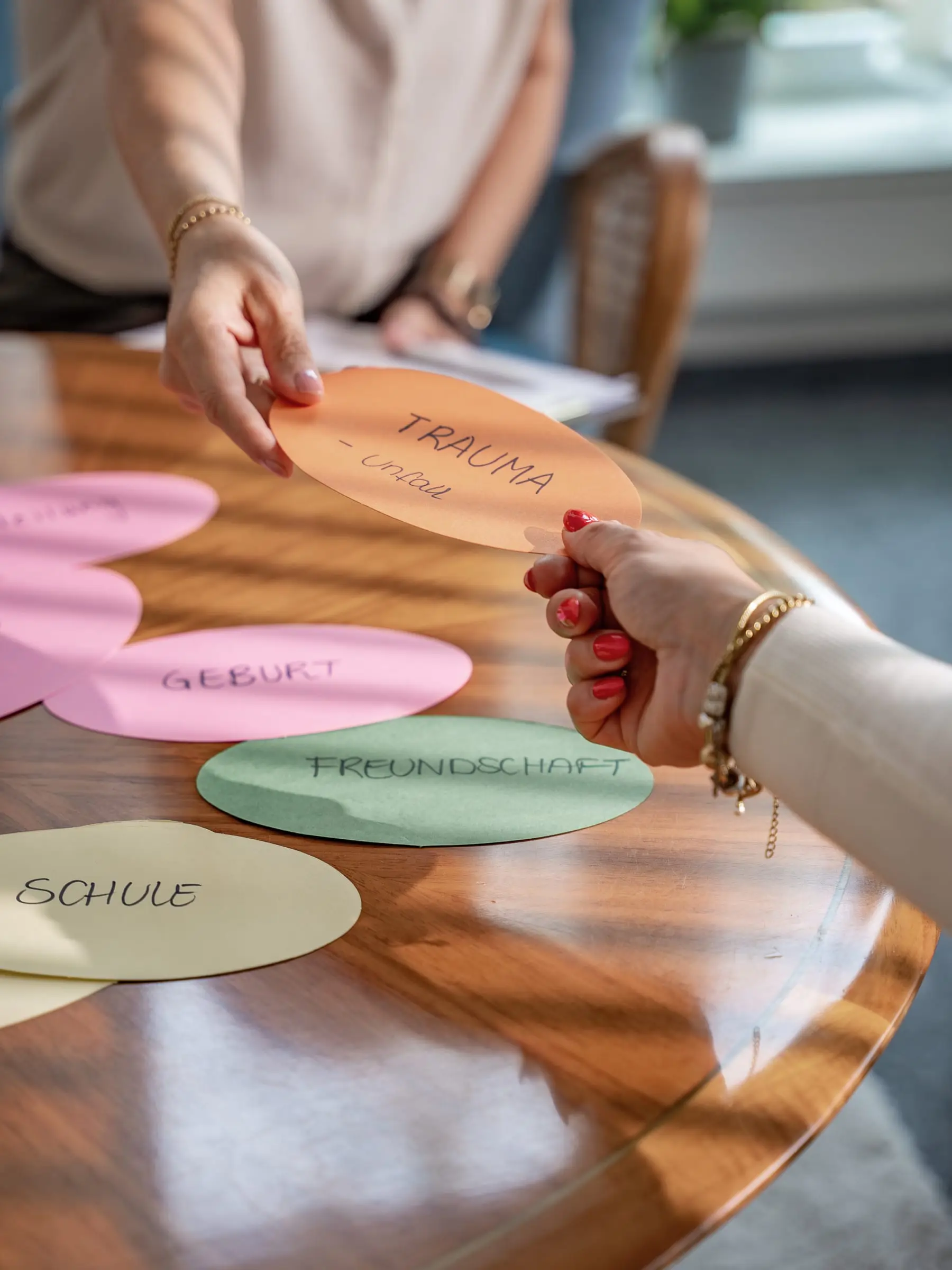 Karten mit Lebensthemen wie Schule und Freundschaft werden in der systemischen Fallarbeit weitergereicht